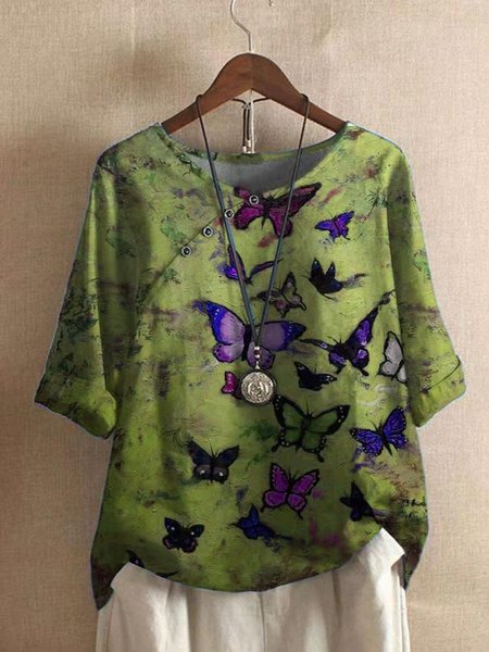 

Butterfly Printed Vintage Cotton Shirts & Tops, Yellow, Tops