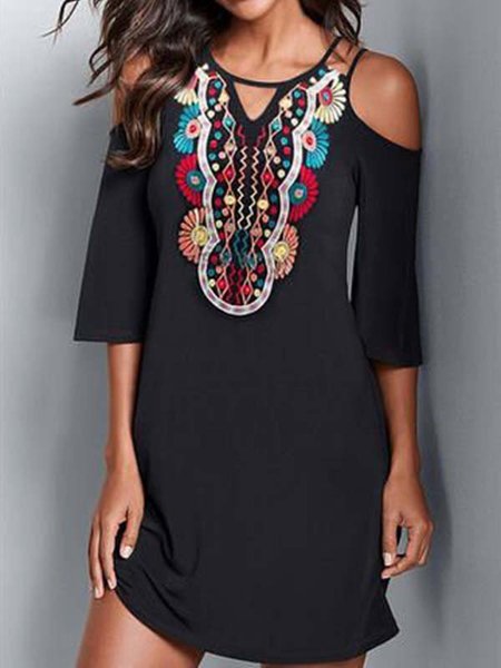 

Short Sleeve Off Shoulder Printed Dresses, Black, Auto-Clearance