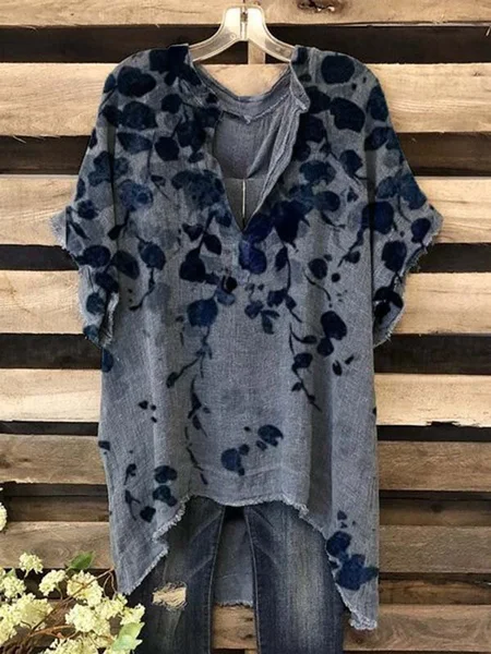 

Printed Casual V neck Tops, Gray, Blouses & Shirts