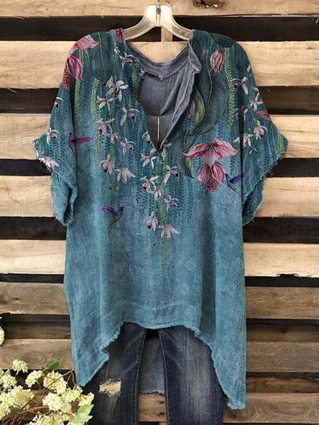 

Maniche Corte Stampato Top Misto Cotone, Multicolore, Blouses & Shirts