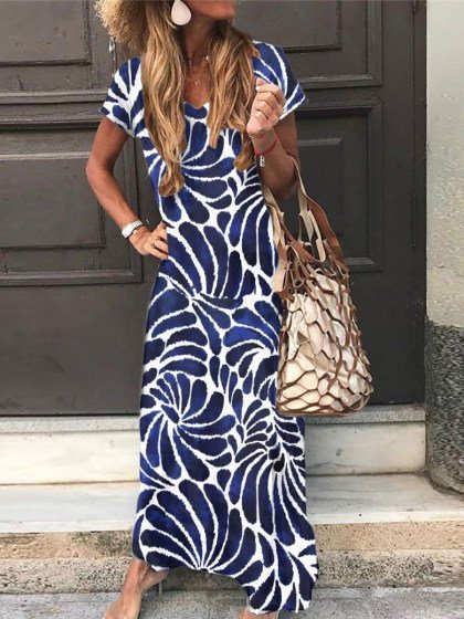 

Holiday Floral Short Sleeve Knitting Dress, Blue, Casual Dresses