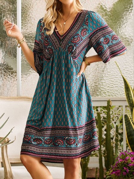 

Holiday V Neck Short Sleeve Printed Weaving Dress, As picture, Boho dresses