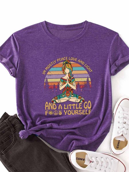 

I'm Mostly Peace Love and Light Graphic Short Sleeve Round Neck Loose Tee, Purple, T-shirts