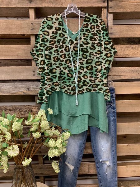 

Short Sleeve V Neck Tops, Green, Tops