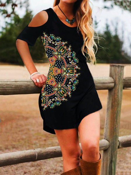

Abito Casuale Girocollo Maniche Corte, Nero, Mini Dresses