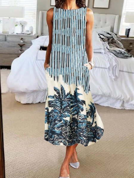 

Senza Maniche Dritto Bohemian Abito, Blu, Dresses