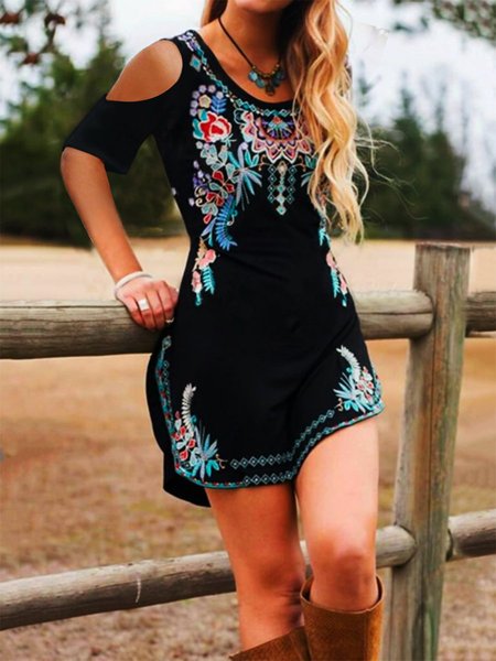 

Abito Maniche Corte Girocollo Bohemian, Nero, Mini Dresses