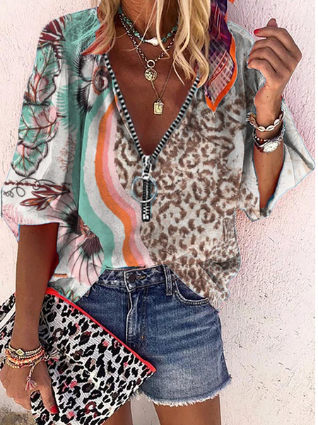 

Plus size Vintage V Neck Printed Tops, Green, Tops