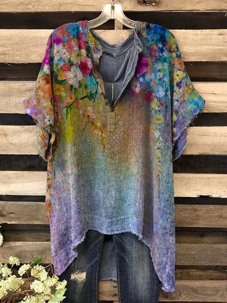 

V Neck Casual Floral-Print Short Sleeve Tops, Multicolor, Blouses & Shirts