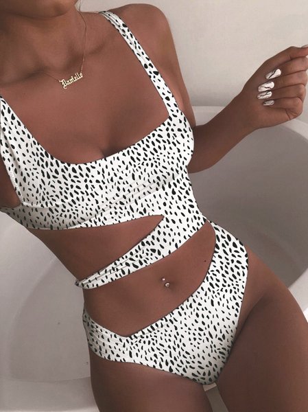 

One Piece Swimsuit Cutout Bikini Sets Swimwear, White dot, Swimwear