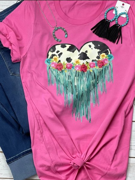 

Floral Cotton-Blend Short Sleeve Printed T-shirt, Rose red, Auto-Clearance