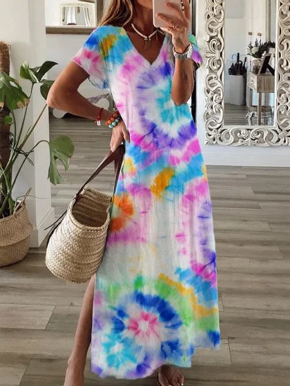 

V Neck Short Sleeve Ombre/tie-Dye Dresses, As picture, Casual Dresses
