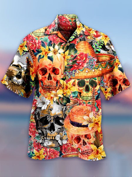 

Vintage Shirt Collar Skull Shirts, Orange, Men's Floral shirt