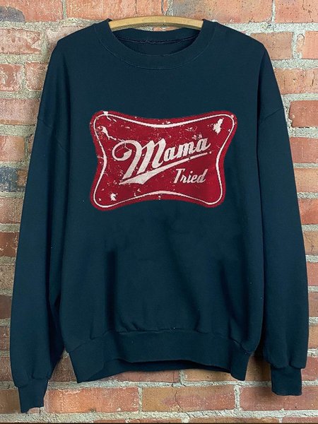

Mama Tired Cotton-Blend Casual Long Sleeve Woman Sweatshirt, Blue, T-shirts