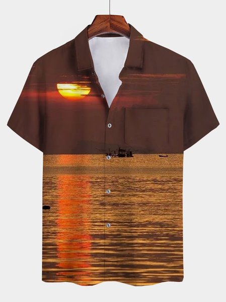 

Vintage Square Neck Cotton-Blend Shirts, Brown, Men's Floral shirt