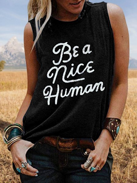 

Crew Neck Letter Cotton Sleeveless Shirts & Tops, Black, Tanks & Camis