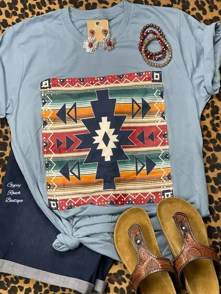 

Casual Short Sleeve Tribal Color-Block Shirts & Tops, Blue, Auto-Clearance