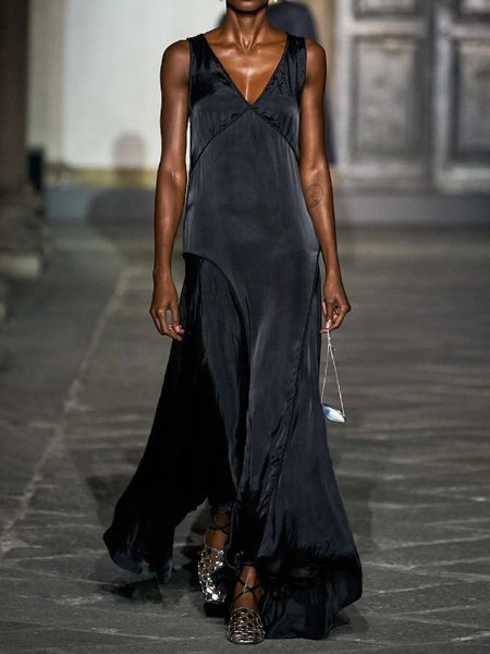 

Vintage Scollo a V senza maniche Solido Abito, Nero, Dresses