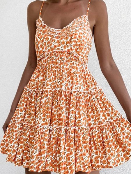 

Floral V Neck A-Line Mini Dress, Orange, Mini Dresses