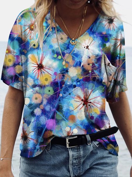 

Abstract Dandelion Graphic Short Sleeve V-Neck Loose Tee, Blue, T-shirts
