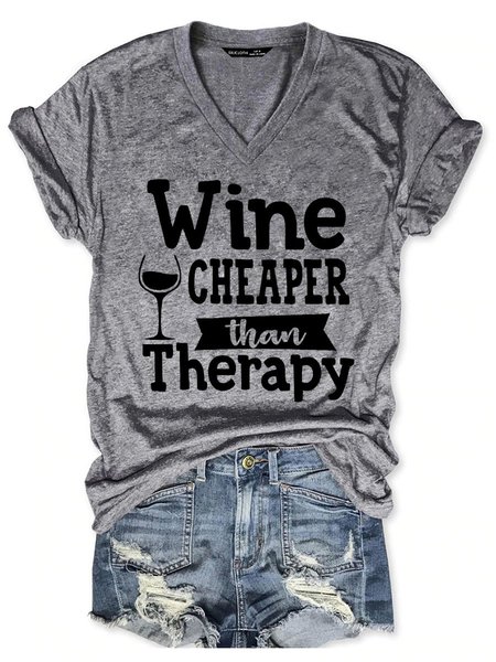 

Wine Cheaper Than Therapy Cotton-Blend Letter Short Sleeve Casual Woman Tee, Gray, T-shirts