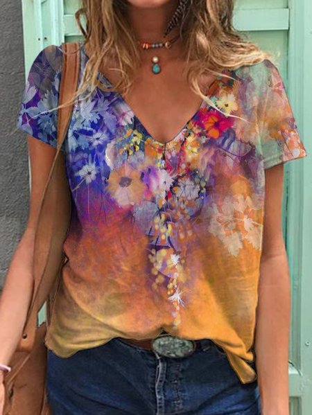 

Abstract Colorful Flowers Graphic Short Sleeve V-Neck Loose Tee, Multicolor, T-Shirts