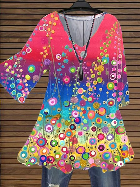 

Plus size V Neck Hippie Printed Tops, Pink, Tops