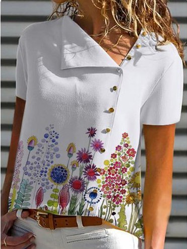 

Floreale Casuale Maniche Corte Camicie & Top, Bianco, Blouses & Shirts