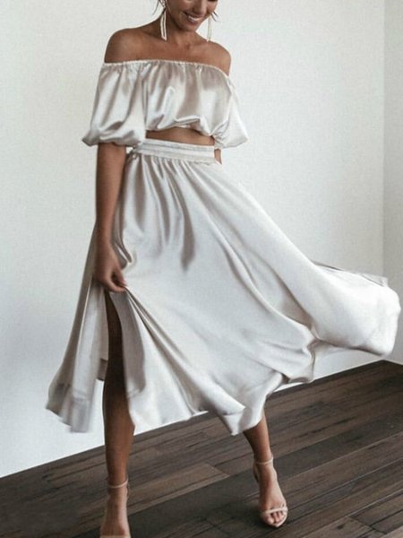 Plain Elegant Off Shoulder Set, Gray-white, Two-piece Set