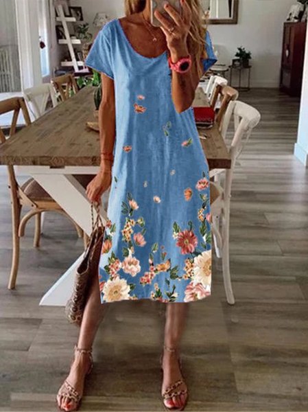 

Shift Short Sleeve Knitting Dress, Blue, Dresses