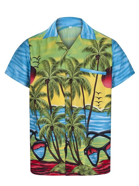

Men's Printed Beach Shirt Collar Shirts, Blue, Men's Floral shirt