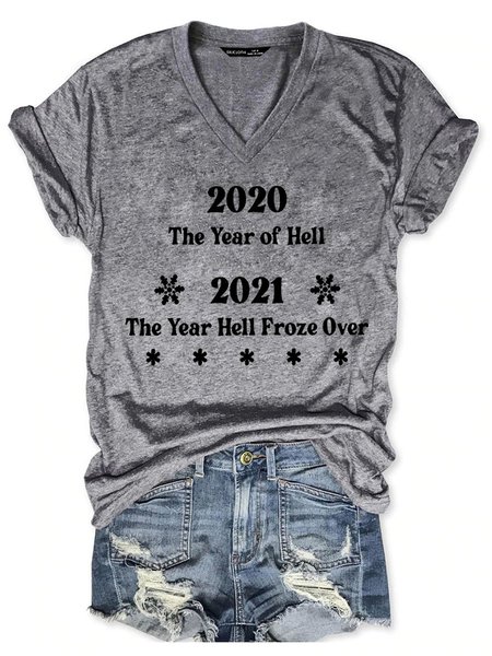 

2020 The Year Of The Hell V Neck Casual Woman Tee, Gray, T-shirts