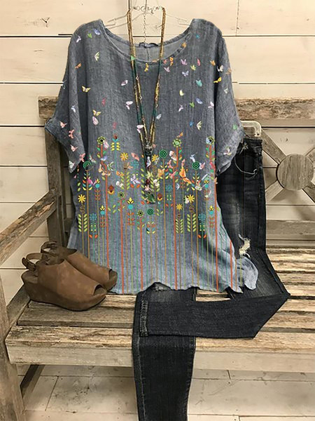 

Plus size Floral Short Sleeve Shirts & Tops, Gray, Blouses & Shirts