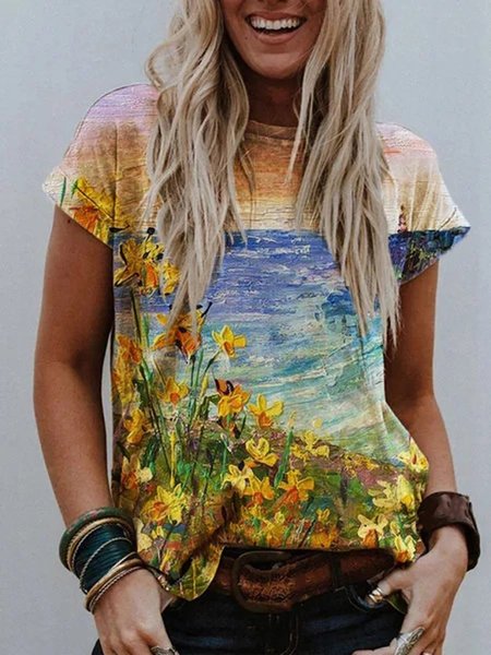 

Seaside Scenery Oil Painting Print Round Neck Short Sleeve T-shirt, As picture, T-Shirts
