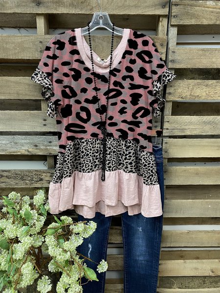

Crew Neck Shift Casual Short Sleeve Tops, Pink, Tops