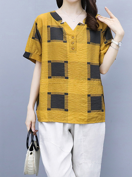 

V Neck Cotton-Blend Short Sleeve Blouse, Yellow, Tops