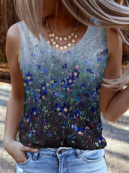 

JFN V Neck Floral Casual Top, Blue, Tanks & Camis