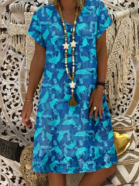 

V Neck Casual Animal Printed Weaving Dress, Blue, Boho dresses