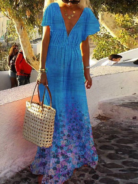 

Abito Scollo a V Floreale Maniche Corte, Blu, Maxi Dresses