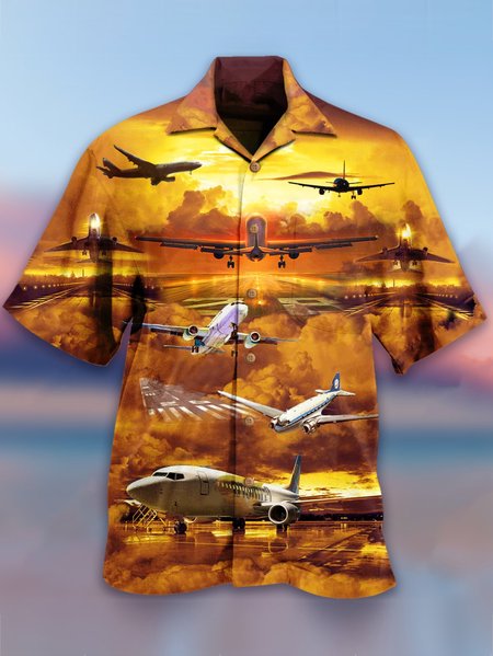 

Printed Shirt Collar Plane Shirts, Yellow, Men's Floral shirt