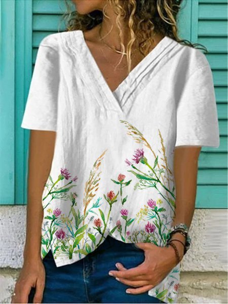 Short Sleeve V Neck T-shirt, White, T-Shirts