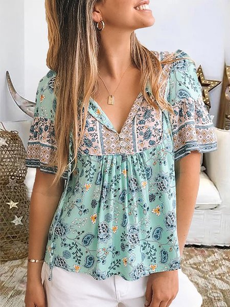 

Boho Floral-Print Short Bell Sleeves Tie NecklineShirts & Tops, Green, Shirts & Blouses