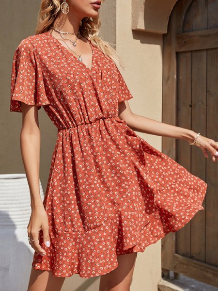 

Holiday Short Sleeve V Neck Mini Dress, Orange, Mini Dresses