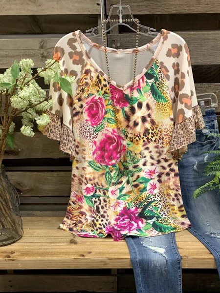 

Casual Leopard Flower Short Sleeve T-shirt, Brown, Auto-Clearance