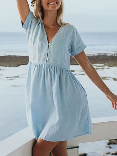 

Elastane Short Sleeve V Neck Plain Weaving Dress, Light blue, Casual Dresses