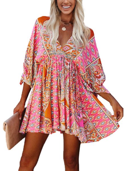 Half Sleeve A-Line V Neck Dress, Pink, Mini Dresses