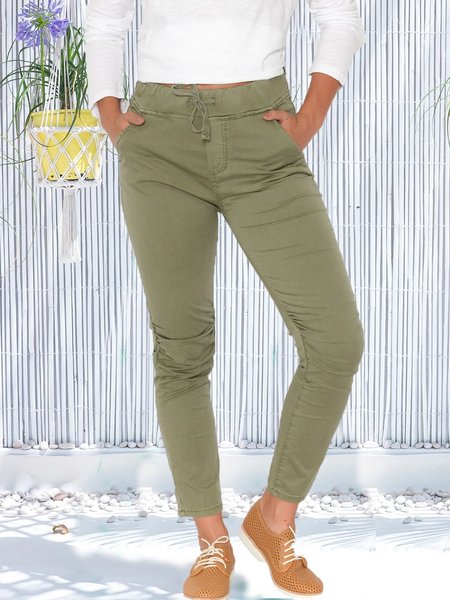 Casuale Allungare con tasche Solido Pantaloni Misto Cotone, Verde, Pants