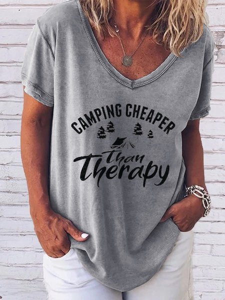 

Camping Cheaper Than Therapy Short Sleeve Cotton-Blend Shift Letter Woman Tee, Gray, T-shirts