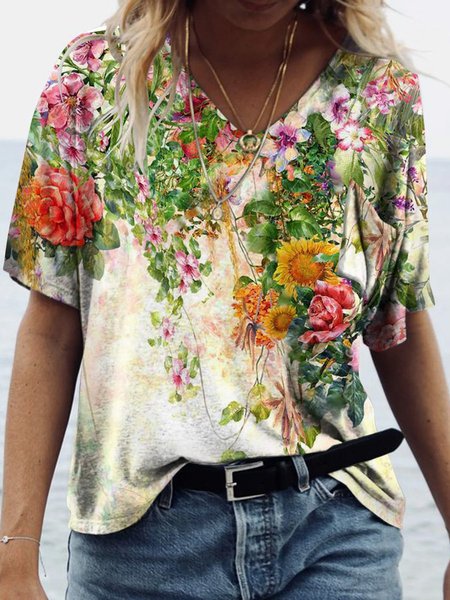 

Abstract Colorful Flowers Graphic Short Sleeve V-Neck Loose Tee, Multicolor, T-shirts