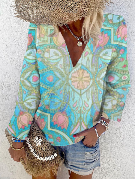 

Plus size Long Sleeve Hippie Printed Shirts & Tops, Blue, Blouses & Shirts